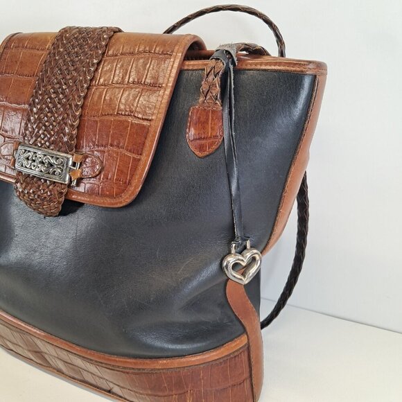 BRIGHTON Black Leather Brown Croc Emboss Braided Handle Shoulder Bag